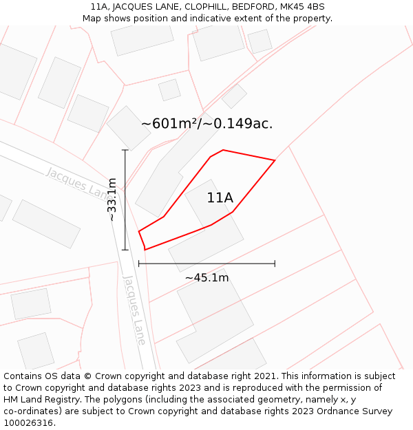 11A, JACQUES LANE, CLOPHILL, BEDFORD, MK45 4BS: Plot and title map