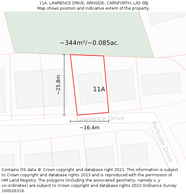 11A, LAWRENCE DRIVE, ARNSIDE, CARNFORTH, LA5 0BJ: Plot and title map