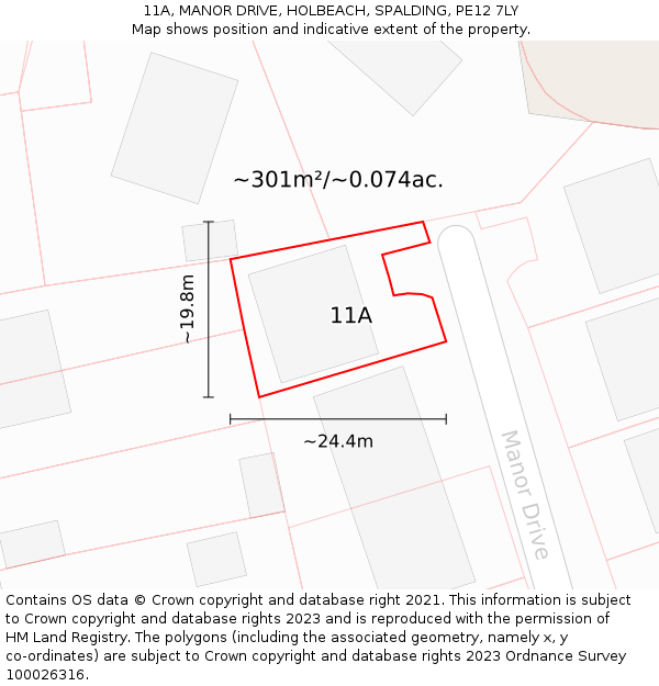 11A, MANOR DRIVE, HOLBEACH, SPALDING, PE12 7LY: Plot and title map