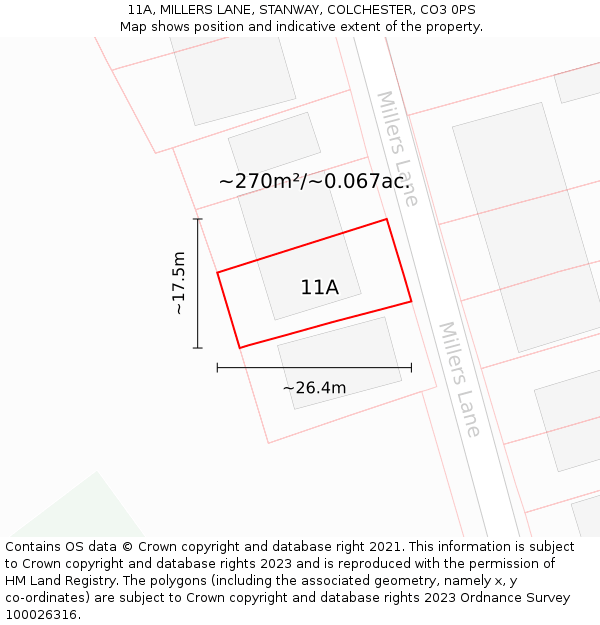 11A, MILLERS LANE, STANWAY, COLCHESTER, CO3 0PS: Plot and title map