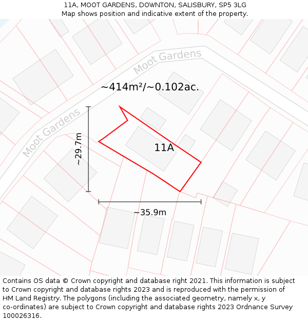 11A, MOOT GARDENS, DOWNTON, SALISBURY, SP5 3LG: Plot and title map