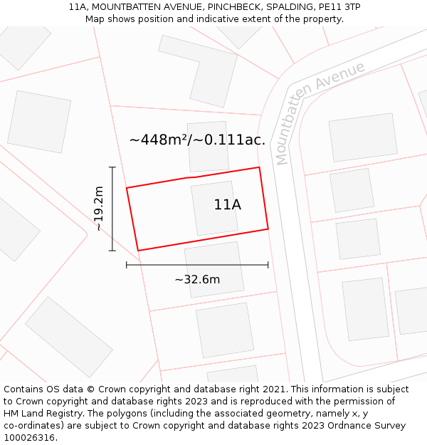 11A, MOUNTBATTEN AVENUE, PINCHBECK, SPALDING, PE11 3TP: Plot and title map