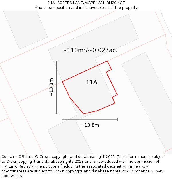 11A, ROPERS LANE, WAREHAM, BH20 4QT: Plot and title map