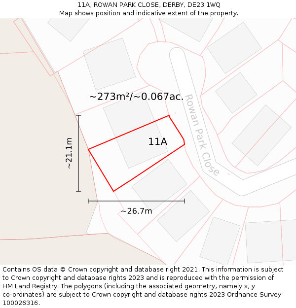 11A, ROWAN PARK CLOSE, DERBY, DE23 1WQ: Plot and title map