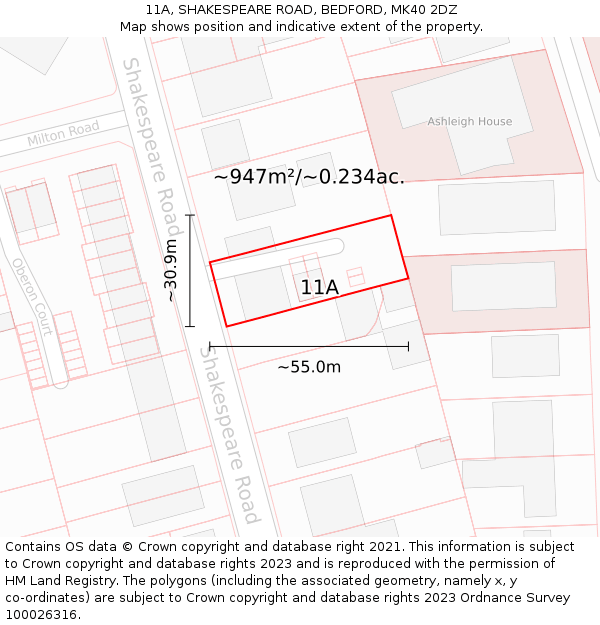 11A, SHAKESPEARE ROAD, BEDFORD, MK40 2DZ: Plot and title map