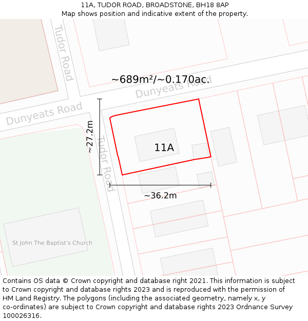 11A, TUDOR ROAD, BROADSTONE, BH18 8AP: Plot and title map
