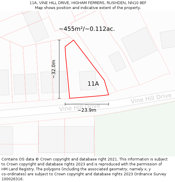 11A, VINE HILL DRIVE, HIGHAM FERRERS, RUSHDEN, NN10 8EF: Plot and title map