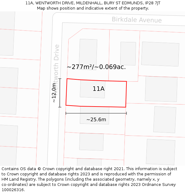 11A, WENTWORTH DRIVE, MILDENHALL, BURY ST EDMUNDS, IP28 7JT: Plot and title map