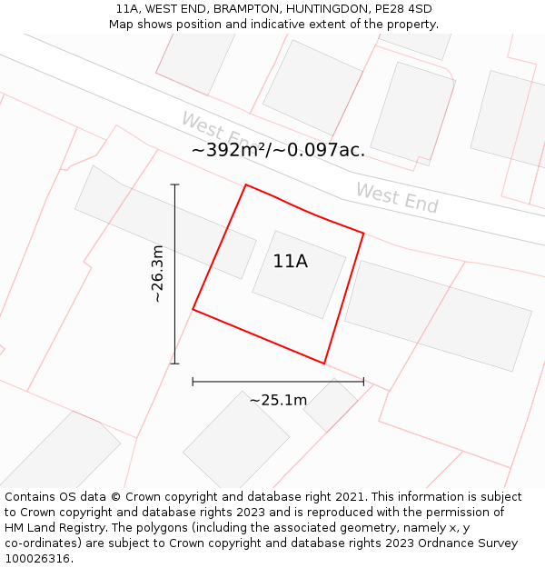 11A, WEST END, BRAMPTON, HUNTINGDON, PE28 4SD: Plot and title map