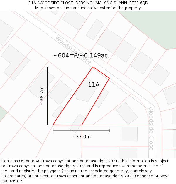 11A, WOODSIDE CLOSE, DERSINGHAM, KING'S LYNN, PE31 6QD: Plot and title map