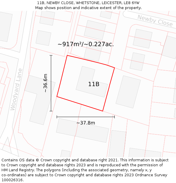 11B, NEWBY CLOSE, WHETSTONE, LEICESTER, LE8 6YW: Plot and title map