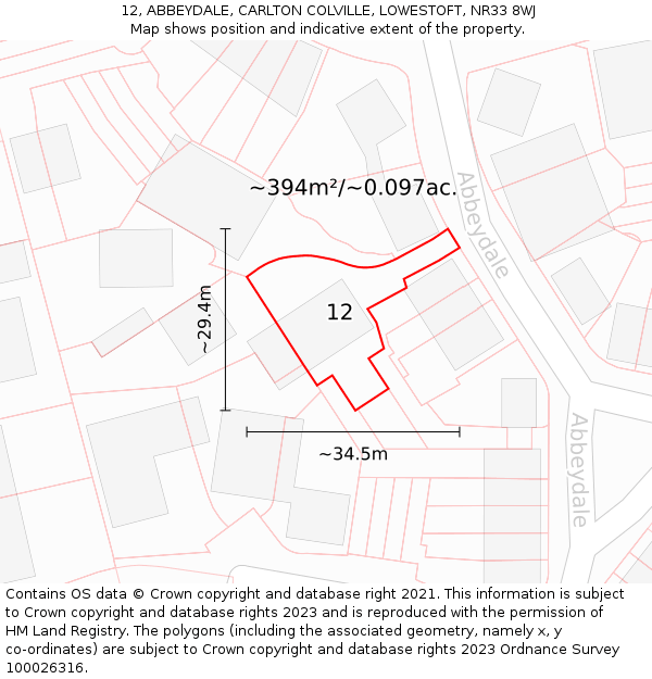 12, ABBEYDALE, CARLTON COLVILLE, LOWESTOFT, NR33 8WJ: Plot and title map