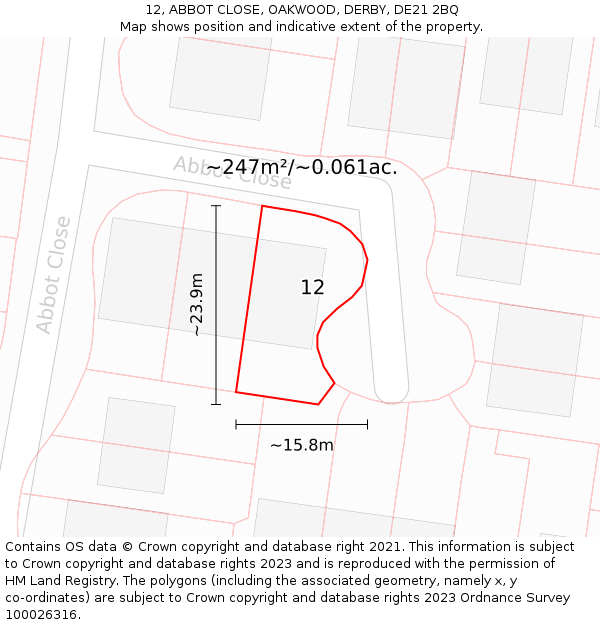 12, ABBOT CLOSE, OAKWOOD, DERBY, DE21 2BQ: Plot and title map