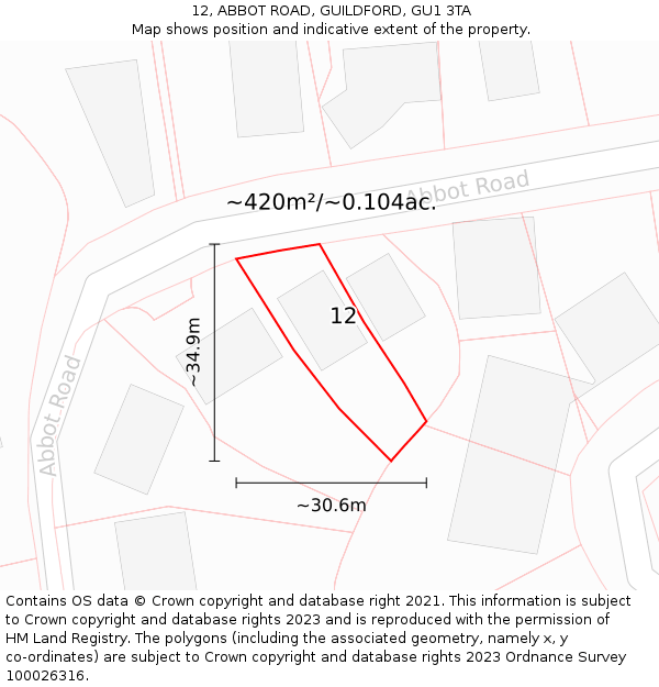 12, ABBOT ROAD, GUILDFORD, GU1 3TA: Plot and title map