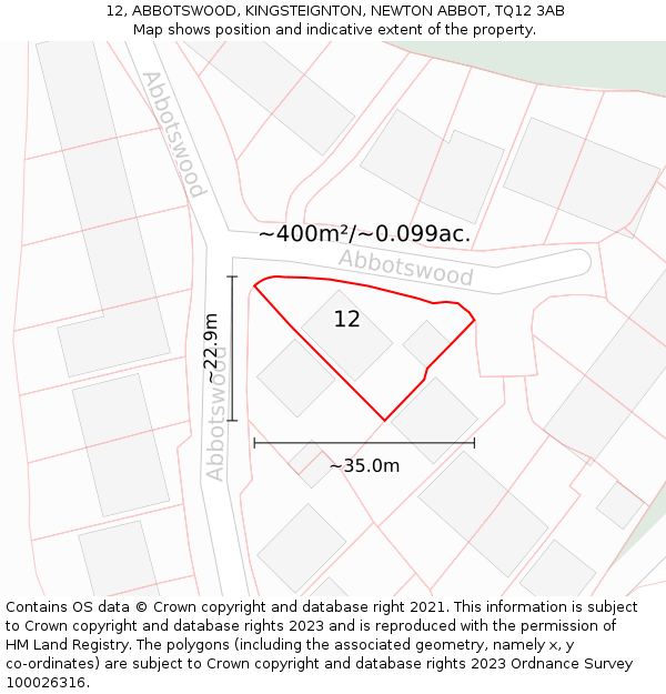 12, ABBOTSWOOD, KINGSTEIGNTON, NEWTON ABBOT, TQ12 3AB: Plot and title map