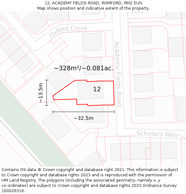 12, ACADEMY FIELDS ROAD, ROMFORD, RM2 5UN: Plot and title map