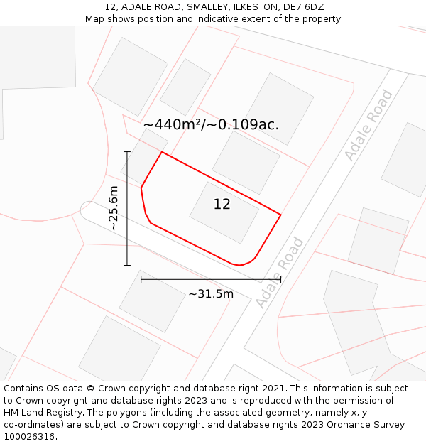 12, ADALE ROAD, SMALLEY, ILKESTON, DE7 6DZ: Plot and title map