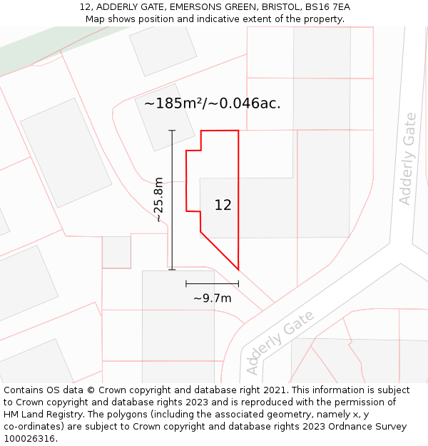 12, ADDERLY GATE, EMERSONS GREEN, BRISTOL, BS16 7EA: Plot and title map