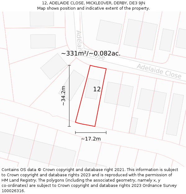12, ADELAIDE CLOSE, MICKLEOVER, DERBY, DE3 9JN: Plot and title map