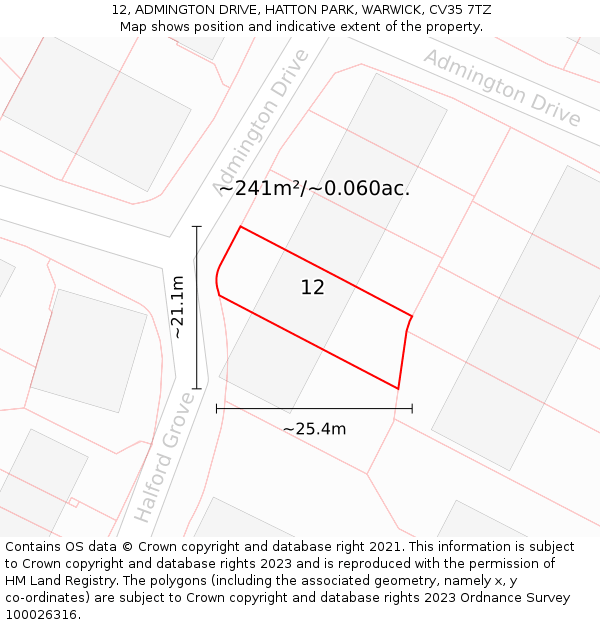 12, ADMINGTON DRIVE, HATTON PARK, WARWICK, CV35 7TZ: Plot and title map