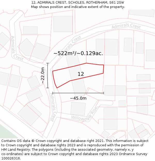 12, ADMIRALS CREST, SCHOLES, ROTHERHAM, S61 2SW: Plot and title map