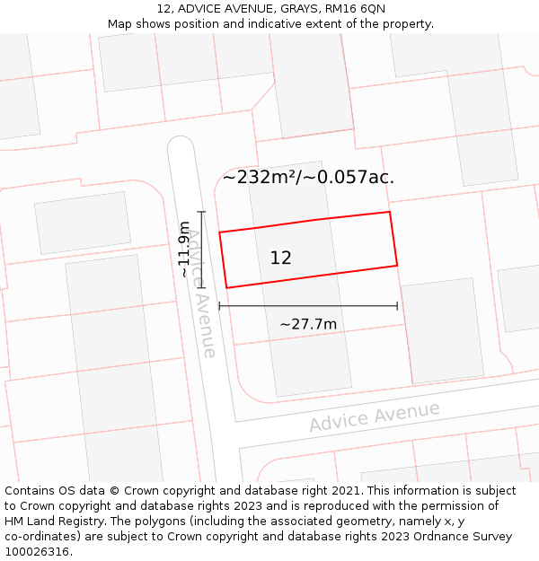 12, ADVICE AVENUE, GRAYS, RM16 6QN: Plot and title map
