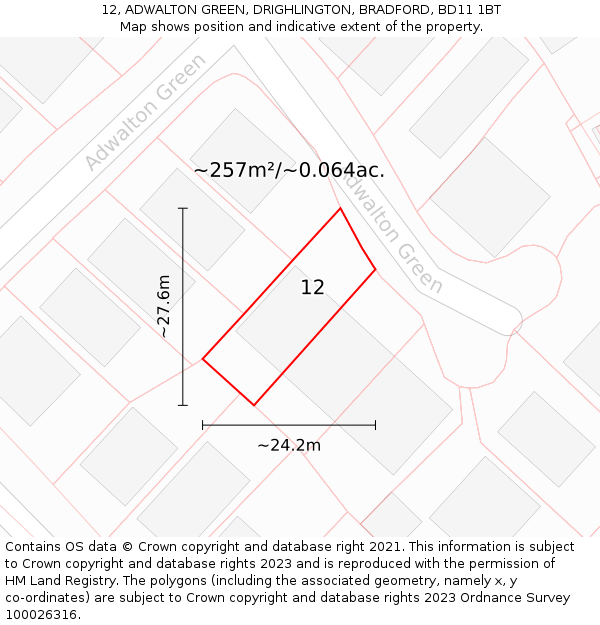 12, ADWALTON GREEN, DRIGHLINGTON, BRADFORD, BD11 1BT: Plot and title map