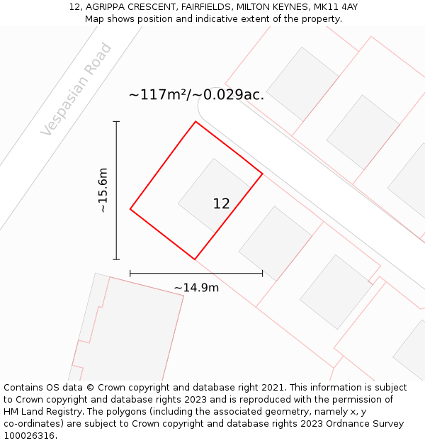 12, AGRIPPA CRESCENT, FAIRFIELDS, MILTON KEYNES, MK11 4AY: Plot and title map