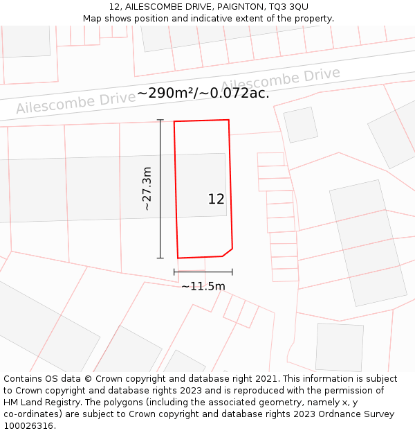 12, AILESCOMBE DRIVE, PAIGNTON, TQ3 3QU: Plot and title map