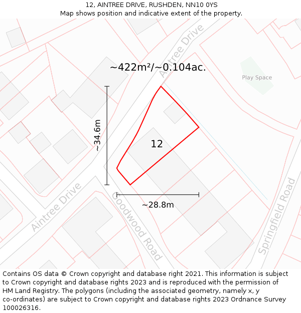 12, AINTREE DRIVE, RUSHDEN, NN10 0YS: Plot and title map