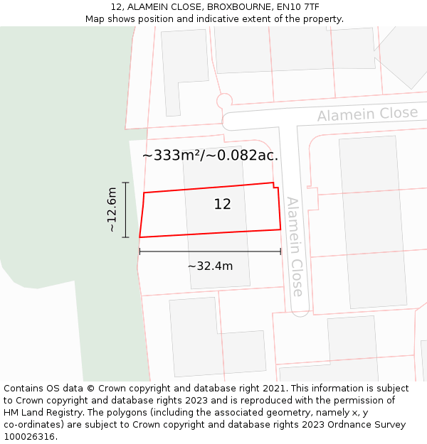 12, ALAMEIN CLOSE, BROXBOURNE, EN10 7TF: Plot and title map