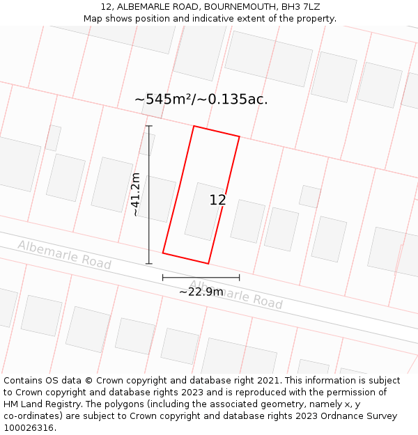 12, ALBEMARLE ROAD, BOURNEMOUTH, BH3 7LZ: Plot and title map