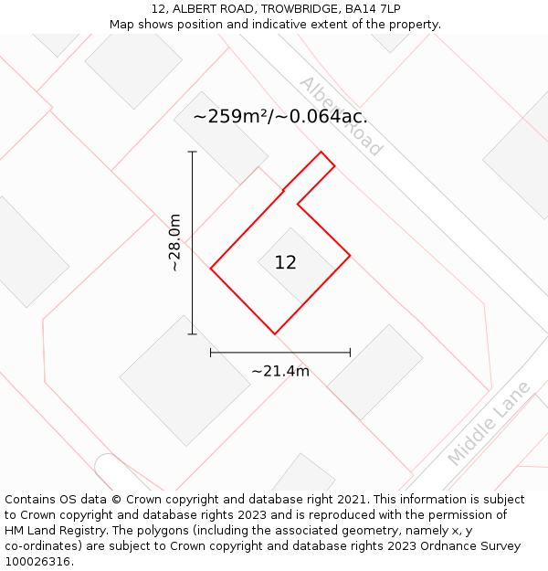 12, ALBERT ROAD, TROWBRIDGE, BA14 7LP: Plot and title map