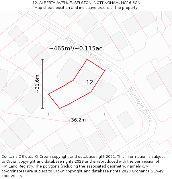 12, ALBERTA AVENUE, SELSTON, NOTTINGHAM, NG16 6GN: Plot and title map