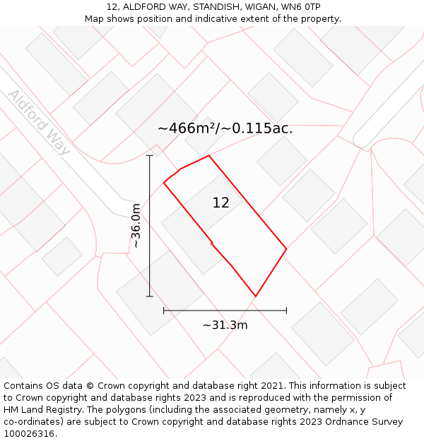 12, ALDFORD WAY, STANDISH, WIGAN, WN6 0TP: Plot and title map