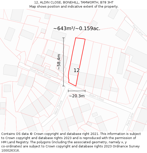12, ALDIN CLOSE, BONEHILL, TAMWORTH, B78 3HT: Plot and title map