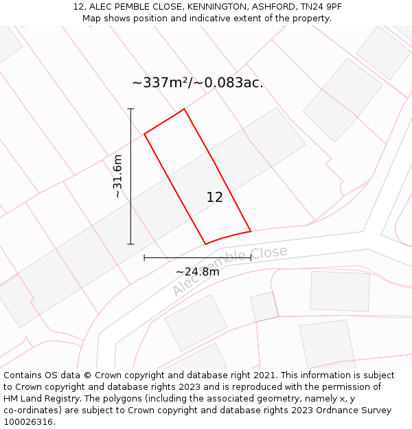 12, ALEC PEMBLE CLOSE, KENNINGTON, ASHFORD, TN24 9PF: Plot and title map