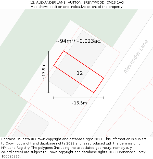 12, ALEXANDER LANE, HUTTON, BRENTWOOD, CM13 1AG: Plot and title map