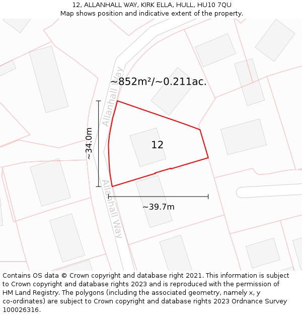 12, ALLANHALL WAY, KIRK ELLA, HULL, HU10 7QU: Plot and title map