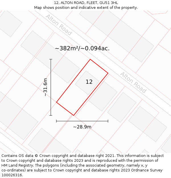 12, ALTON ROAD, FLEET, GU51 3HL: Plot and title map