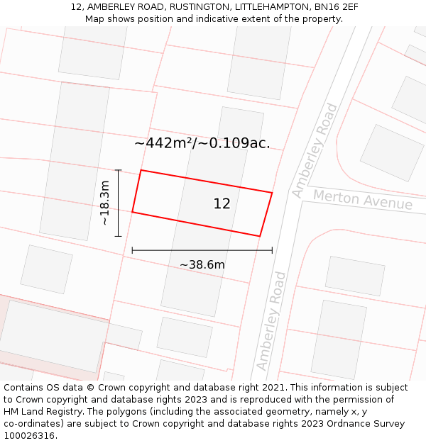 12, AMBERLEY ROAD, RUSTINGTON, LITTLEHAMPTON, BN16 2EF: Plot and title map