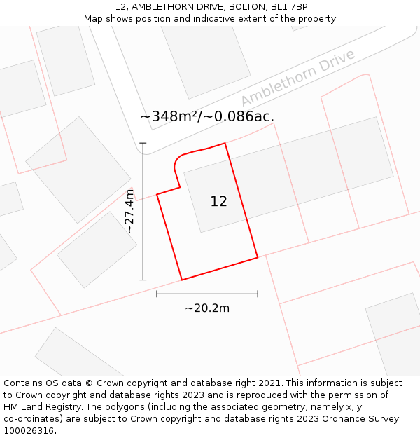 12, AMBLETHORN DRIVE, BOLTON, BL1 7BP: Plot and title map