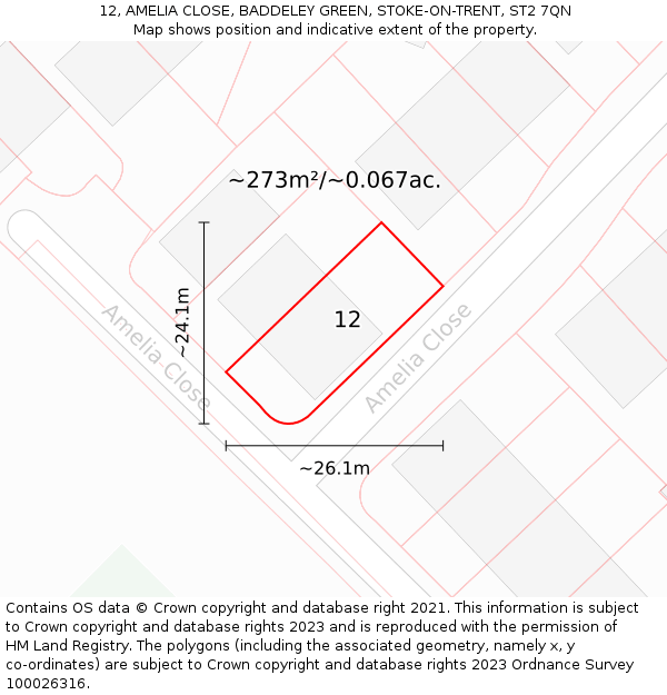 12, AMELIA CLOSE, BADDELEY GREEN, STOKE-ON-TRENT, ST2 7QN: Plot and title map