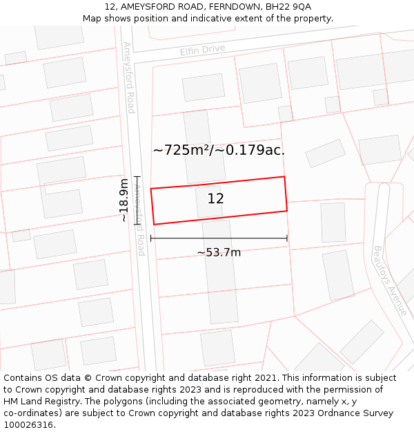 12, AMEYSFORD ROAD, FERNDOWN, BH22 9QA: Plot and title map