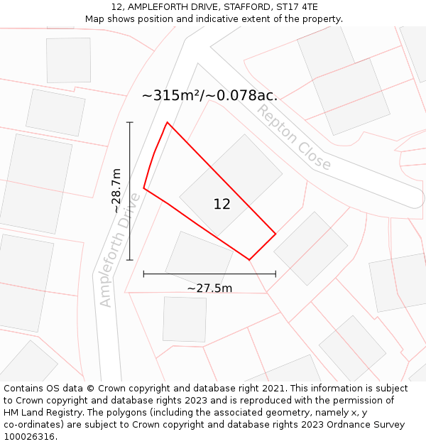 12, AMPLEFORTH DRIVE, STAFFORD, ST17 4TE: Plot and title map