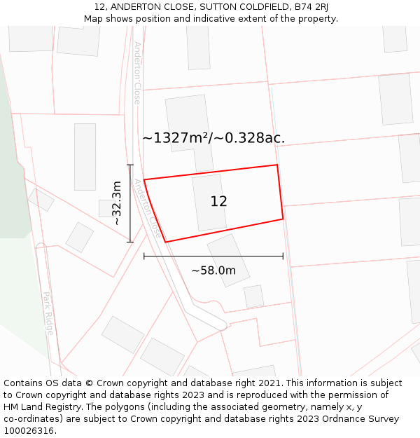 12, ANDERTON CLOSE, SUTTON COLDFIELD, B74 2RJ: Plot and title map
