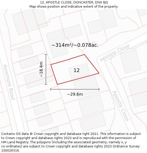 12, APOSTLE CLOSE, DONCASTER, DN4 9JQ: Plot and title map