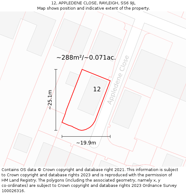 12, APPLEDENE CLOSE, RAYLEIGH, SS6 9JL: Plot and title map