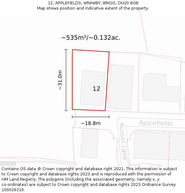 12, APPLEFIELDS, WRAWBY, BRIGG, DN20 8GB: Plot and title map