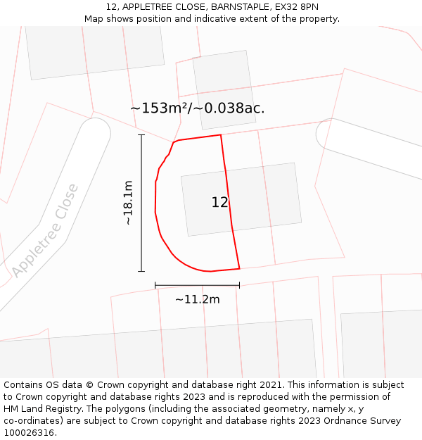 12, APPLETREE CLOSE, BARNSTAPLE, EX32 8PN: Plot and title map